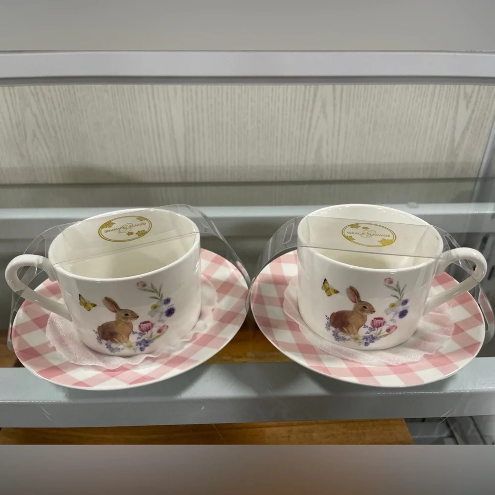 Gracie Teaware Easter Bunny Pink Gingham Porcelain Tea & Saucer Set of 2 NWT